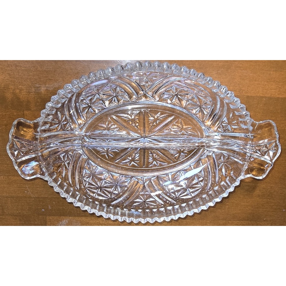 Vintage Anchor Hocking Stars and Bars pattern divided dish, pressed clear glass